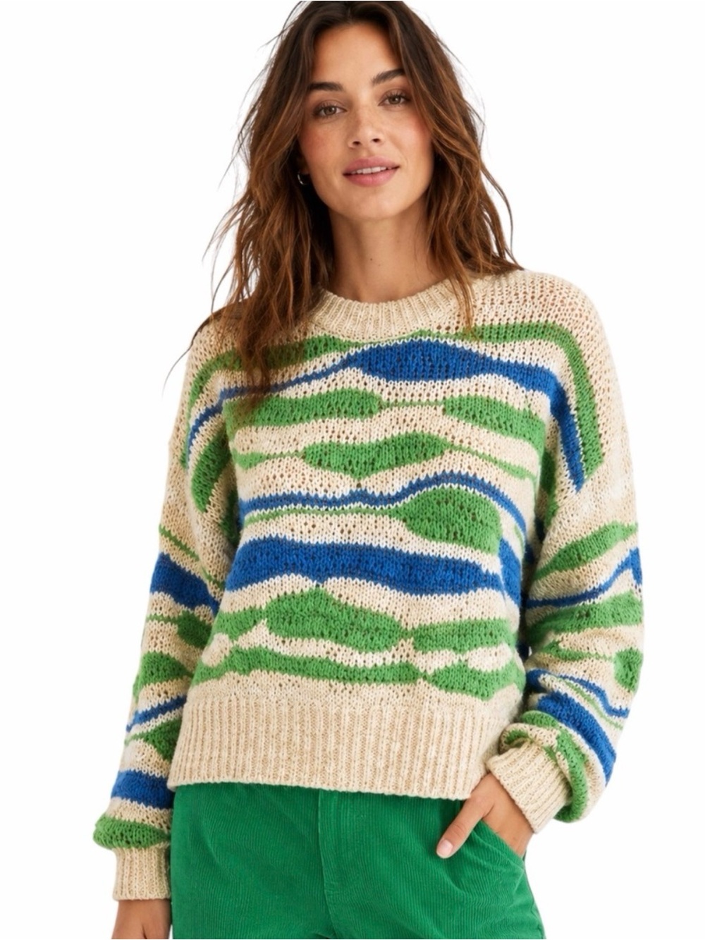 Aerie Intarsia Knit Sweater Green Blue Cream Stripe Size S Wool Blend Crop